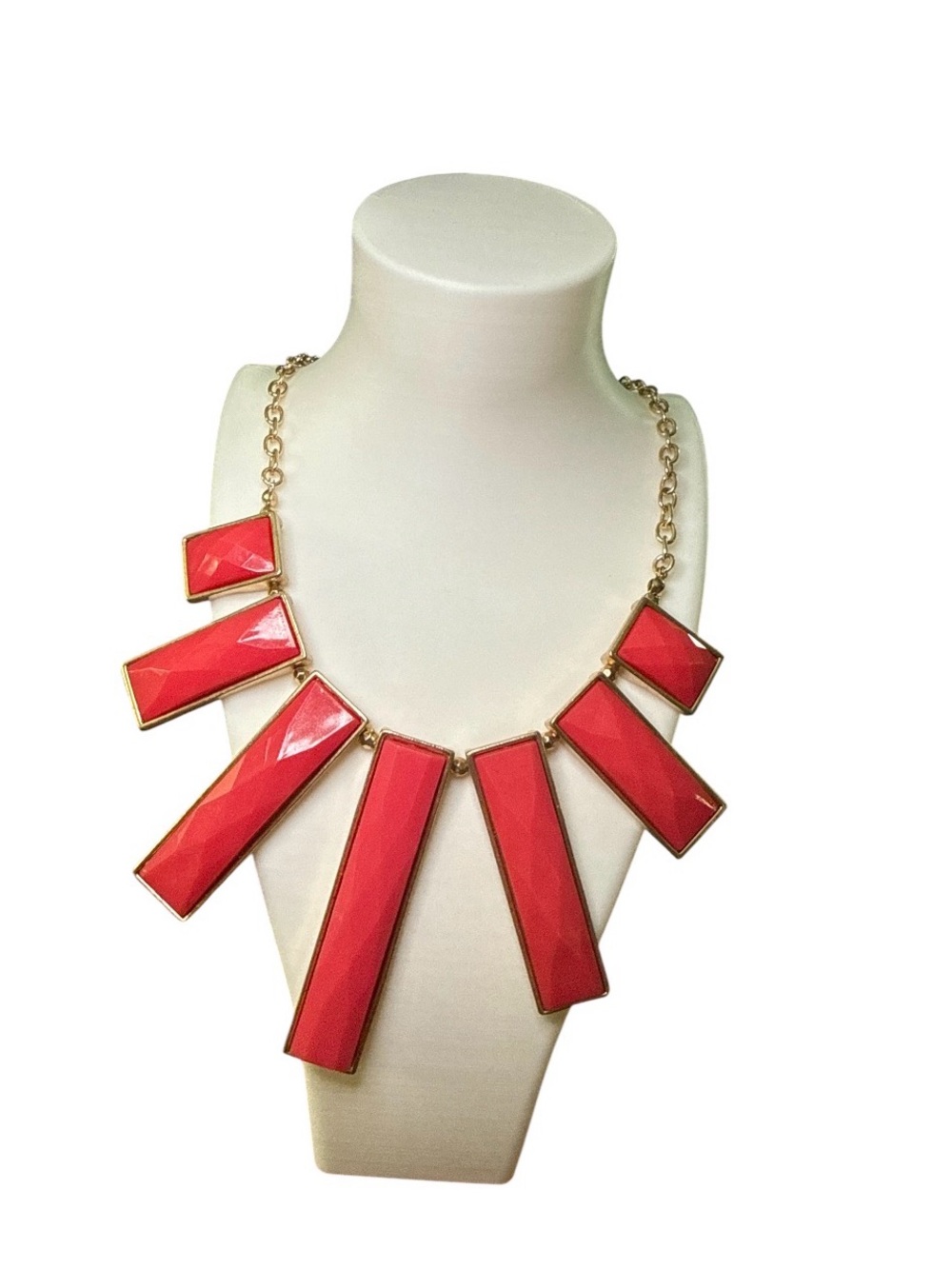 Vintage Salmon Pink Bib Necklace Gold Rectangular Statement Chunky Retro 21”